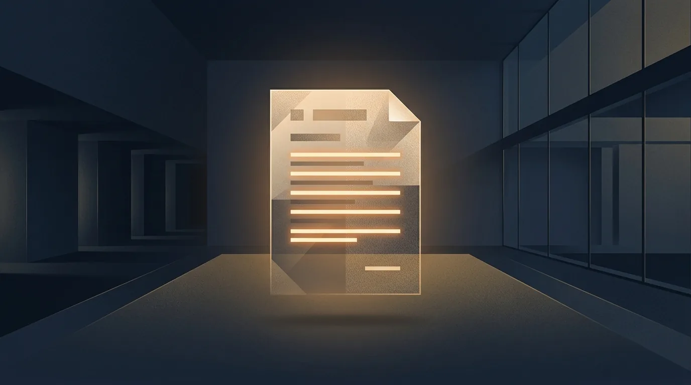 Glowing translucent contract page floating in a dark minimalist corridor, several lines highlighted in warm amber as if under review.