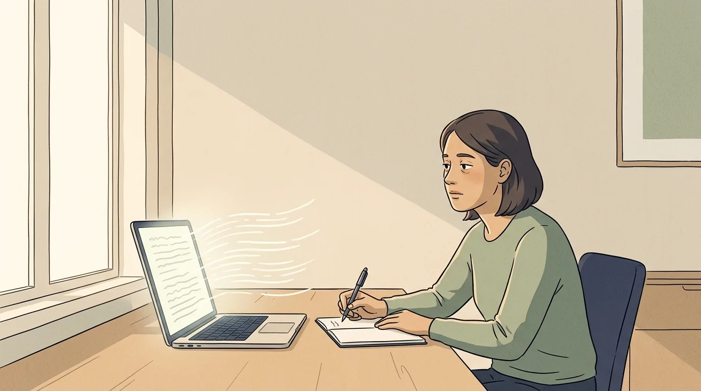 A person seated at a desk by a window, writing notes by hand while reading text on a laptop screen, in a calm muted line illustration.