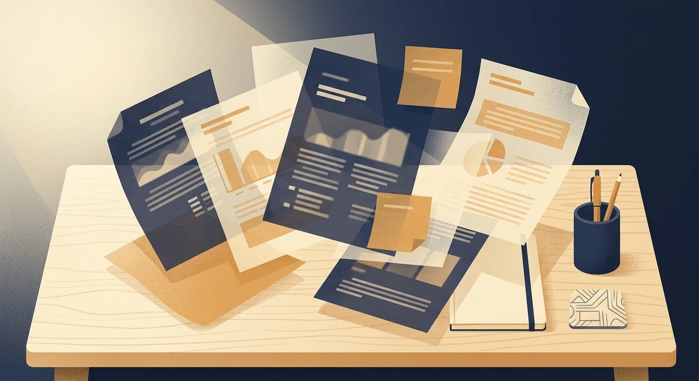 An overhead view of a wooden desk with several semi-transparent document layers floating above it, each in a soft amber tone, suggesting overlapping unfinished tasks left behind by an AI agent.
