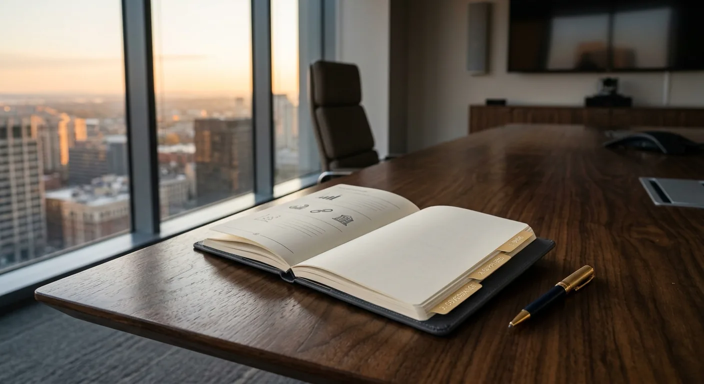 A clean executive briefing notebook open on a board-room table with three numbered tabs labeled spend, suppliers, and governance, soft morning light from one side.