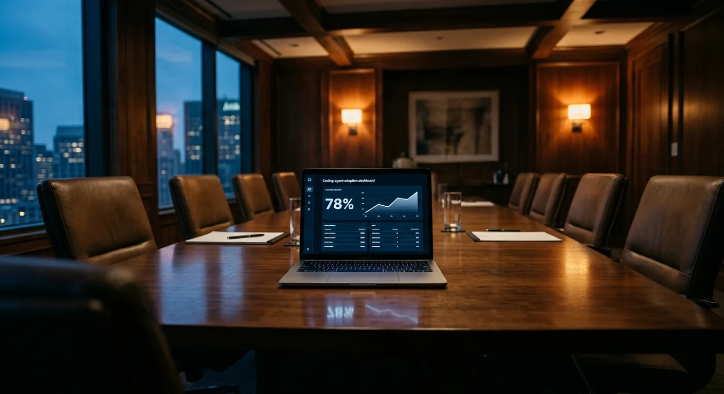A wood-paneled corporate boardroom table at dusk with a single open laptop displaying a coding-agent adoption dashboard, the rest of the table empty, conveying a quiet executive moment of measurement before a meeting.