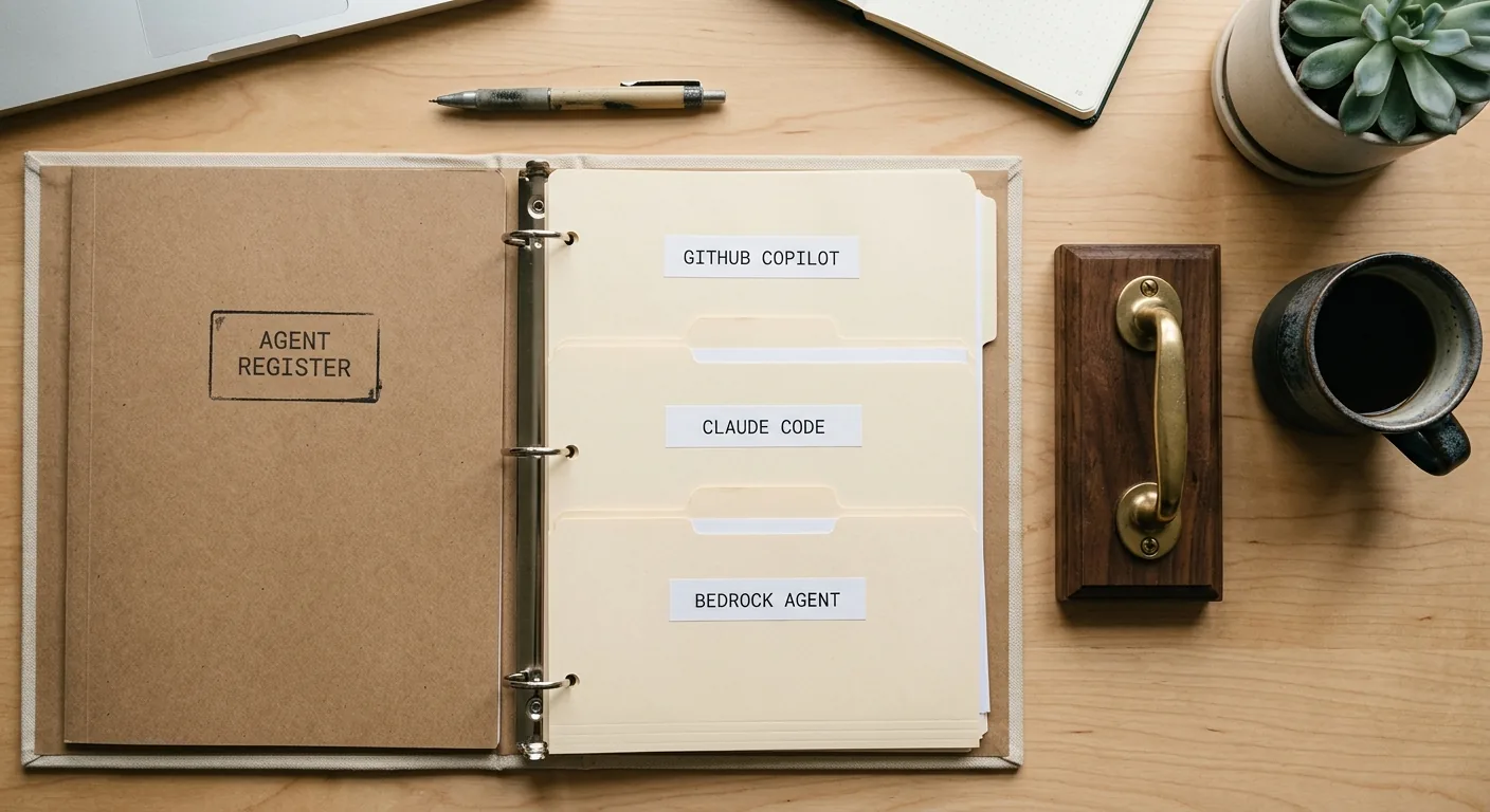Editorial overhead photograph of a wooden desk with three labeled folders titled GitHub Copilot, Claude Code, and Bedrock Agent, all clipped together inside a single binder marked Agent Register, beside a brass kill-switch handle and a single coffee cup.