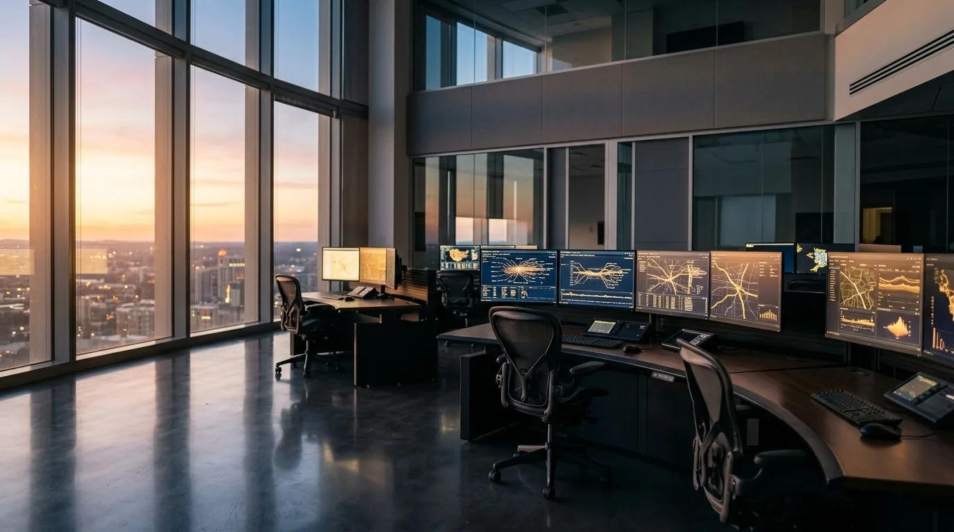 An operations control room at dawn with multiple monitors showing flowing data streams in amber and navy, conveying coordinated AI agent operations at scale.