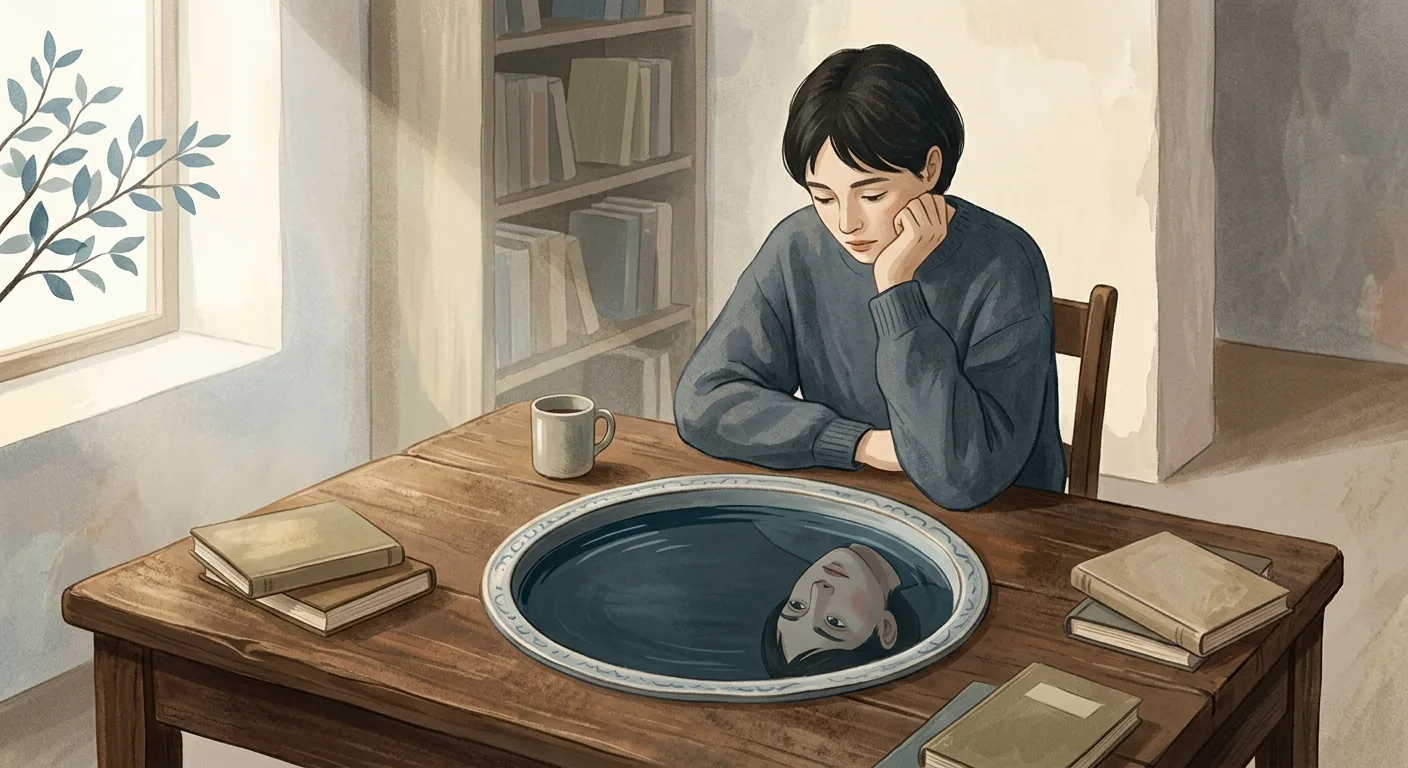 Editorial illustration of a person at a wooden desk in soft afternoon light, looking down at a still pool of water set into the desk surface where the reflected face is subtly different from the actual one. Calm muted blues and warm cream tones.