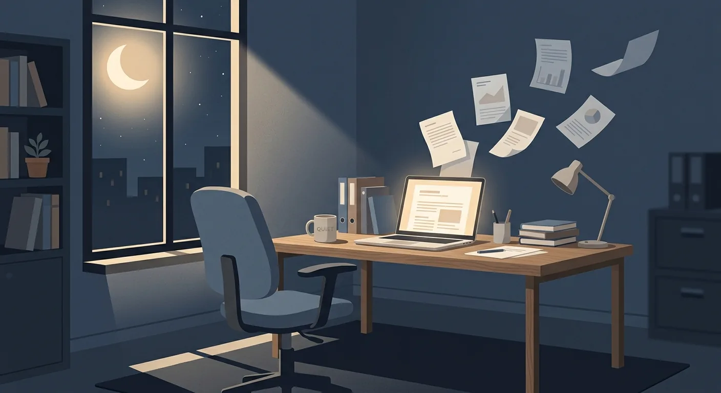 Editorial illustration of a quiet office desk after hours, soft moonlight through a window, empty chair, dimly lit laptop with faint document shapes drifting above it, suggesting AI work continuing in the worker's absence.