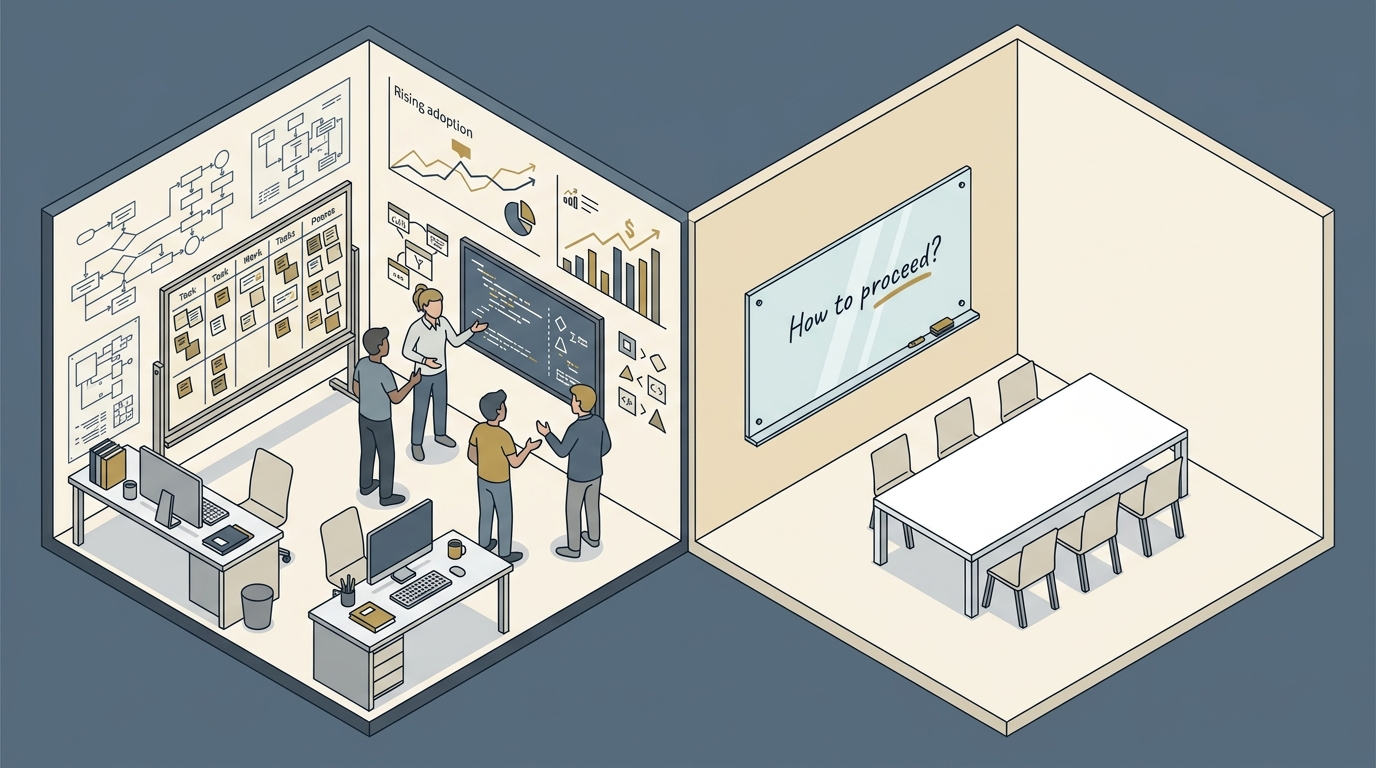 Two adjacent engineering team rooms viewed from above. The first room has a wall of visible workflow diagrams and a busy whiteboard. The second room has empty walls and a single unanswered question on the whiteboard. A visual metaphor for a successful first coding-agent pilot and a stalled second pilot.