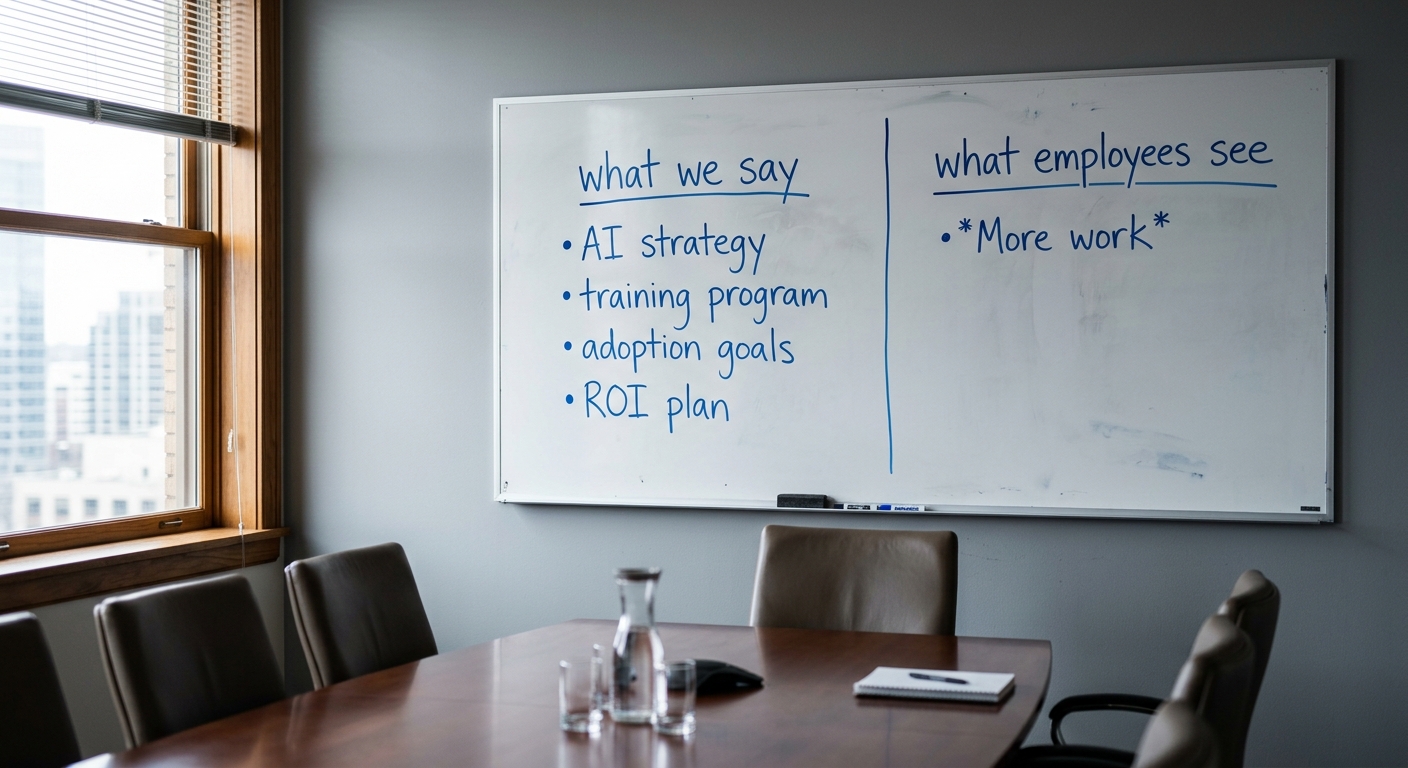 An empty boardroom whiteboard split into two columns labeled 'what we say' and 'what employees see', the second column nearly empty, soft daylight from a corner window.