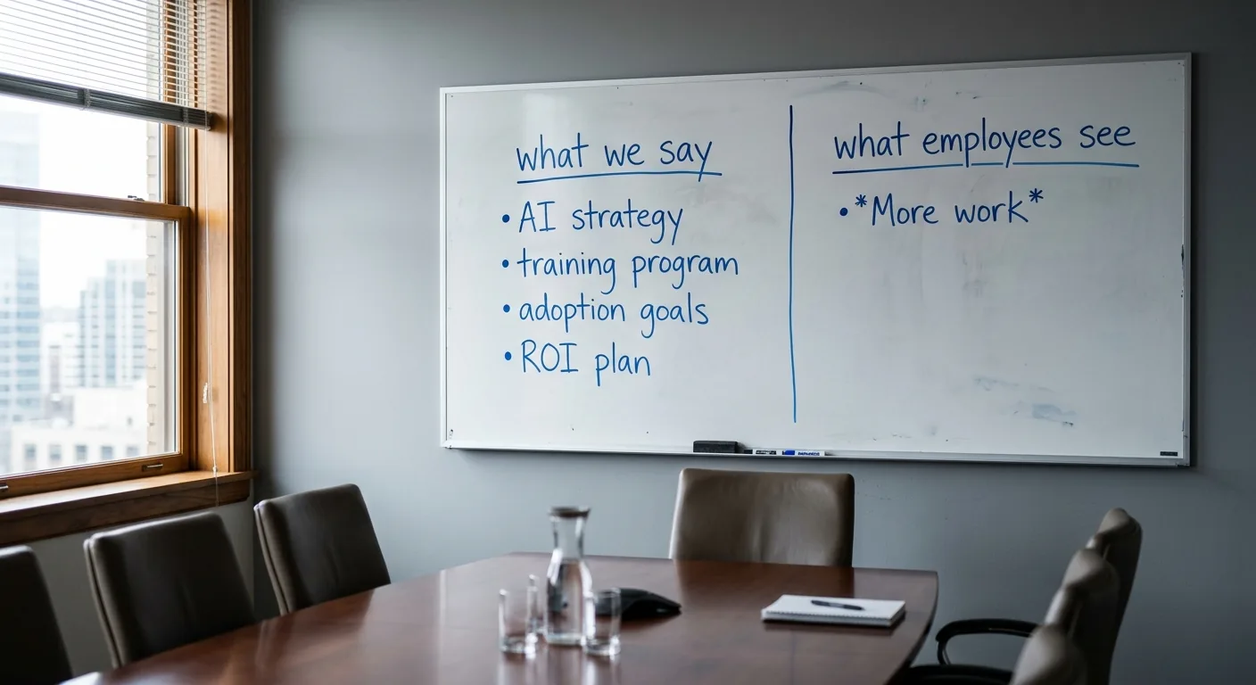An empty boardroom whiteboard split into two columns labeled 'what we say' and 'what employees see', the second column nearly empty, soft daylight from a corner window.