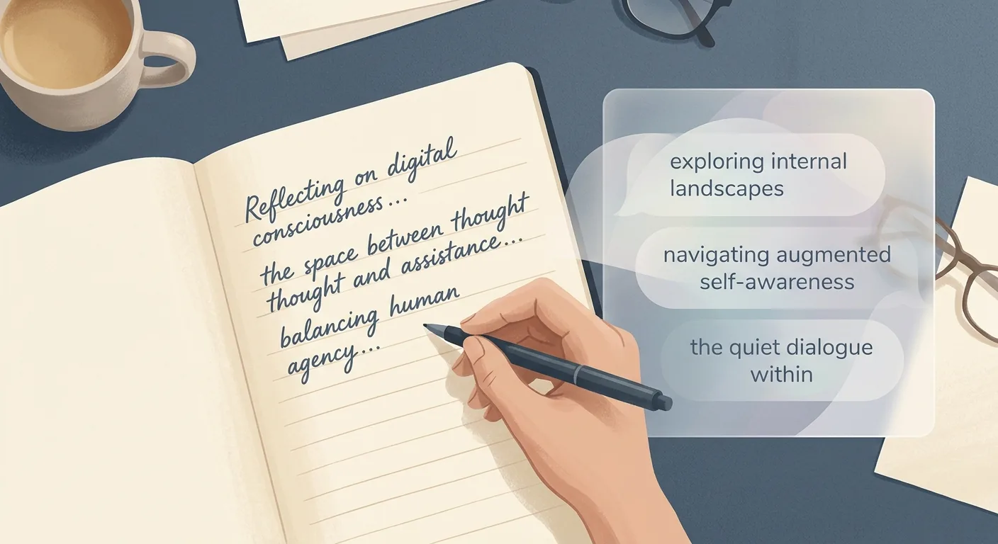 Editorial illustration of a writer's desk seen from above, a hand holding a pen poised above a half-written notebook page, with a translucent set of AI suggestions floating gently to one side, in a calm slate-blue and warm-cream palette.