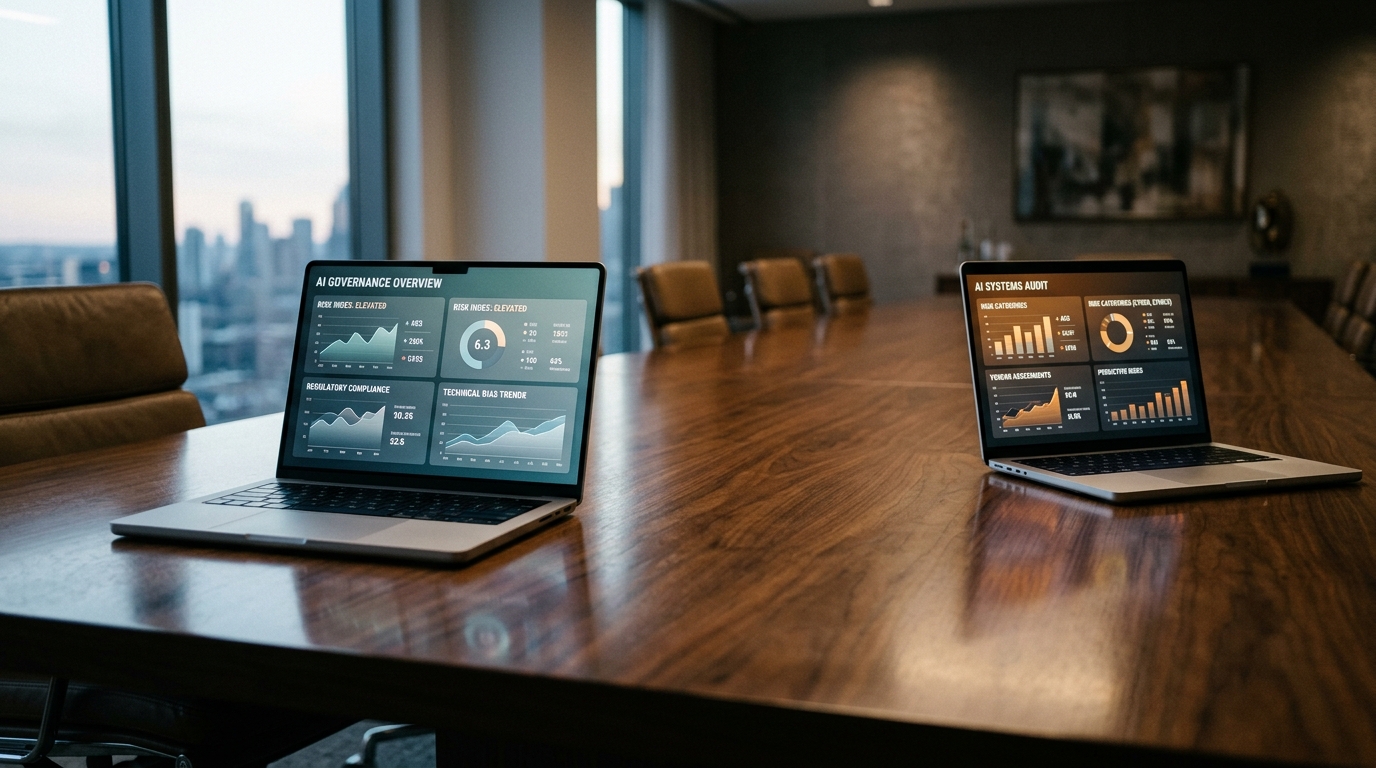 Boardroom table with two open laptops showing different AI risk dashboards, illustrating the accountability gap between CEO and board on agent incidents