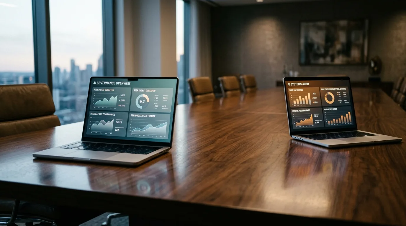 Boardroom table with two open laptops showing different AI risk dashboards, illustrating the accountability gap between CEO and board on agent incidents