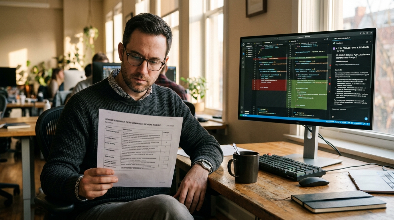 Senior engineer at a desk reviewing a printed performance review rubric, with a laptop in the background showing an AI coding agent generating a pull request diff.