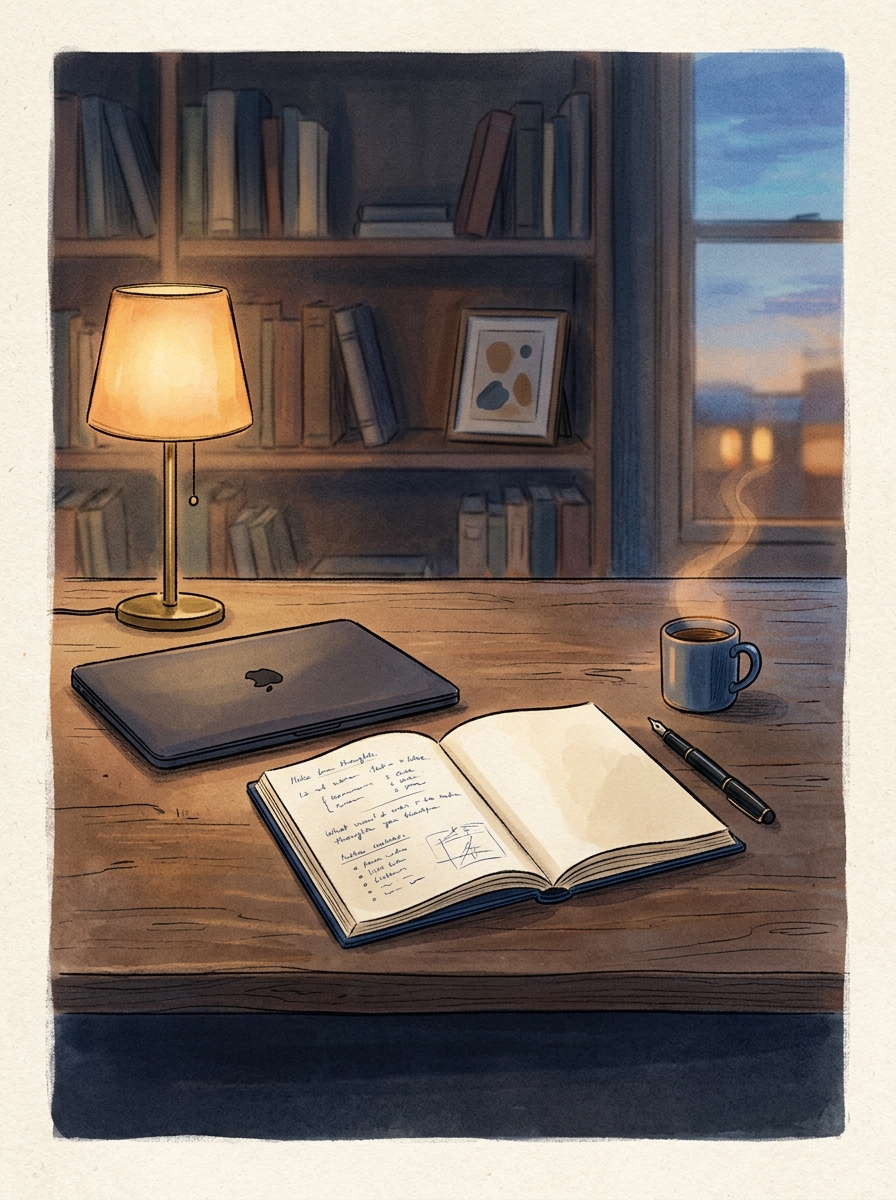 A close-up of a quiet workspace at end of day: a single open notebook beside a laptop with a paused cursor, suggesting a leader pausing between tasks rather than queueing the next one.