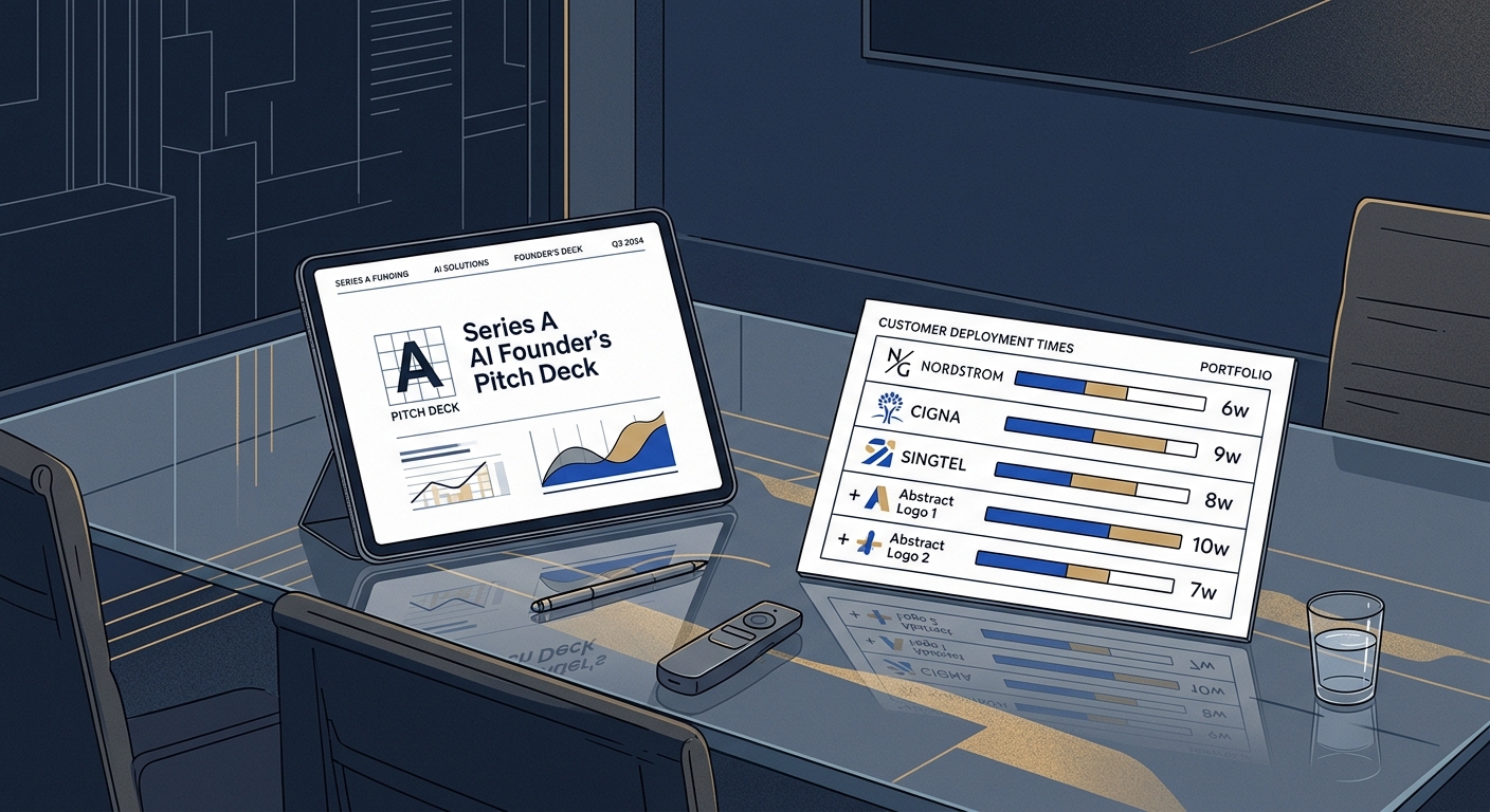 Editorial illustration of a Series A AI founder's deck on a glass conference table next to a customer dashboard listing five named production deployments, with soft gold accents on a deep navy background.