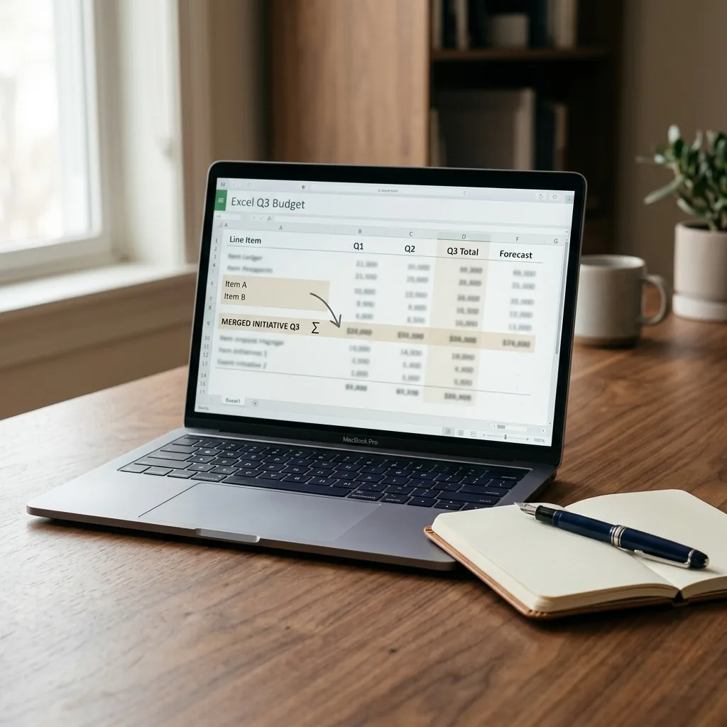 A clean executive desk with a single open laptop showing a simple Q3 budget spreadsheet, two budget line items annotated and merging into one. Calm morning light, conceptual photograph evoking clarity rather than urgency.