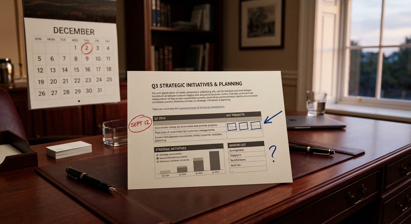An executive desk with a printed Q3 plan, three signals annotated in the margin, and a December 2026 calendar date circled in red.