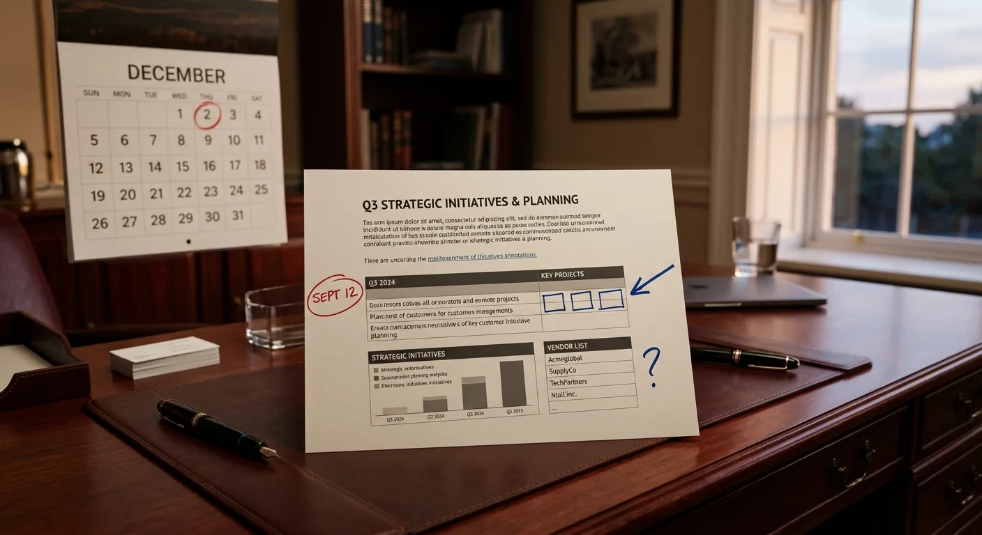 An executive desk with a printed Q3 plan, three signals annotated in the margin, and a December 2026 calendar date circled in red.