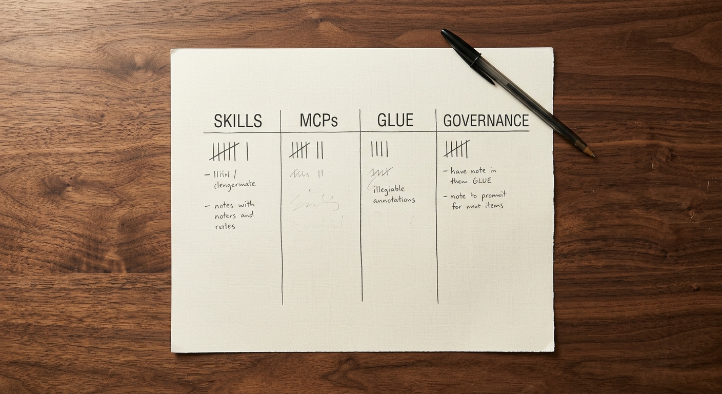 A clean desk with a single sheet of paper showing four columns labeled skills, MCPs, orchestration glue, and governance plane, with sticky notes scoring switching cost in each column, illustrating a four-layer harness portability audit before a June 2026 renewal.