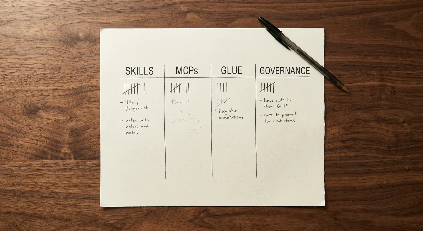 A clean desk with a single sheet of paper showing four columns labeled skills, MCPs, orchestration glue, and governance plane, with sticky notes scoring switching cost in each column, illustrating a four-layer harness portability audit before a June 2026 renewal.