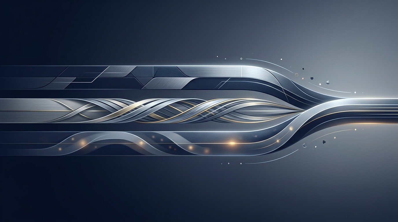 Abstract editorial illustration with three converging horizontal bands in navy, steel, and gold representing governance, harness portability, and worker attention converging as the agentic stack goes GA.