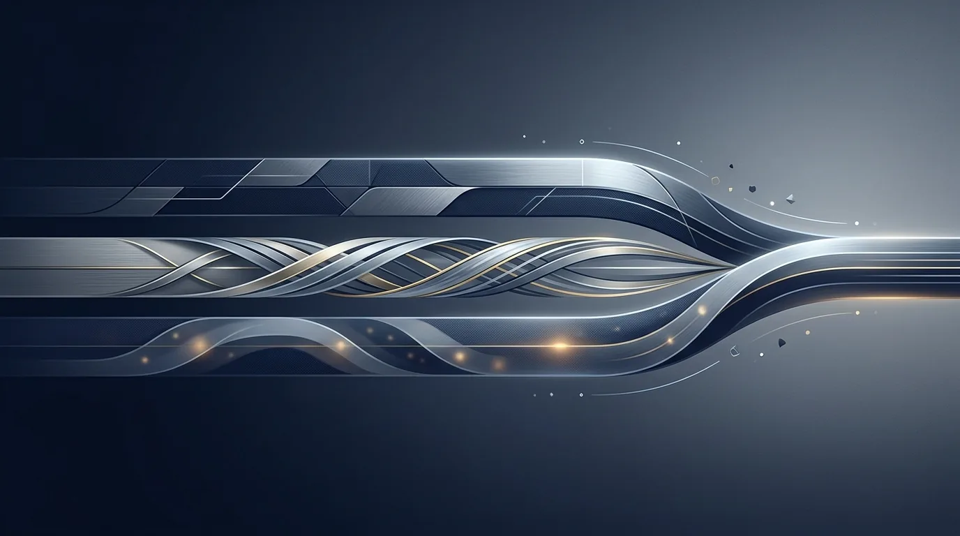 Abstract editorial illustration with three converging horizontal bands in navy, steel, and gold representing governance, harness portability, and worker attention converging as the agentic stack goes GA.