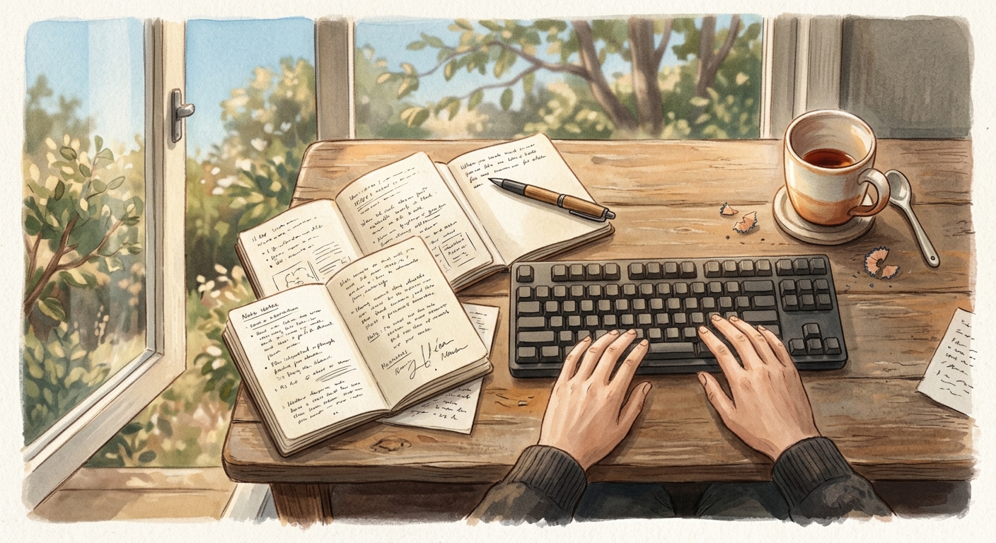 Quiet desk in soft afternoon light with three open notebooks and a still keyboard, suggesting a person who has stopped typing and is now reading and thinking.