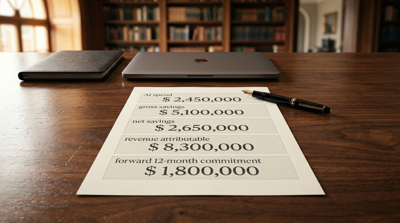 A single-page ROI scorecard sitting on a boardroom table next to a closed laptop, showing five lines of large numbers including AI spend run-rate, net savings, and revenue attributable, with a CFO-style fountain pen resting across it.