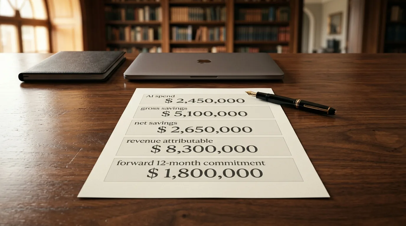A single-page ROI scorecard sitting on a boardroom table next to a closed laptop, showing five lines of large numbers including AI spend run-rate, net savings, and revenue attributable, with a CFO-style fountain pen resting across it.