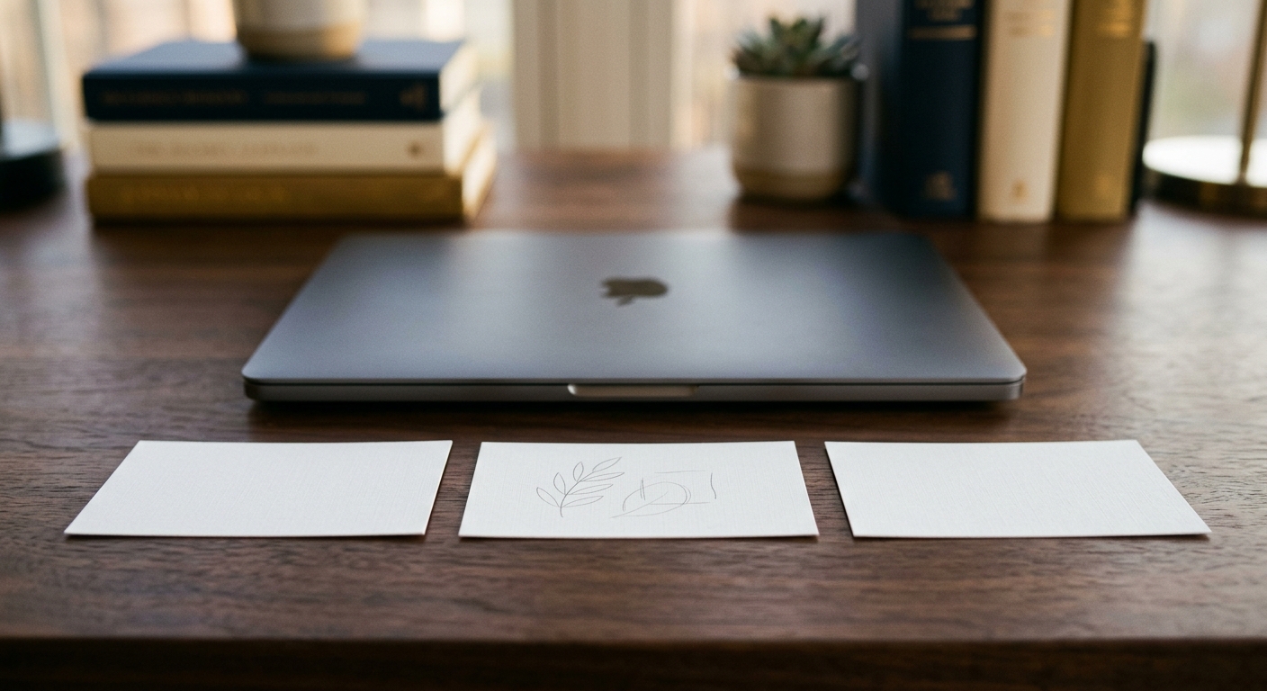 A quiet boardroom-style desk with three small physical index cards stacked in front of a closed laptop, two competing magazine spreads pushed aside in soft focus showing a Coinbase headline on one side and an Anthropic keynote photo on the other.