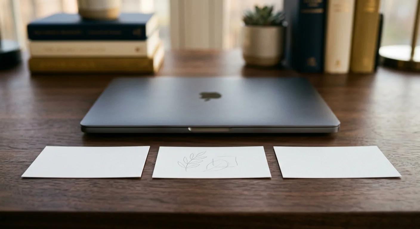 A quiet boardroom-style desk with three small physical index cards stacked in front of a closed laptop, two competing magazine spreads pushed aside in soft focus showing a Coinbase headline on one side and an Anthropic keynote photo on the other.