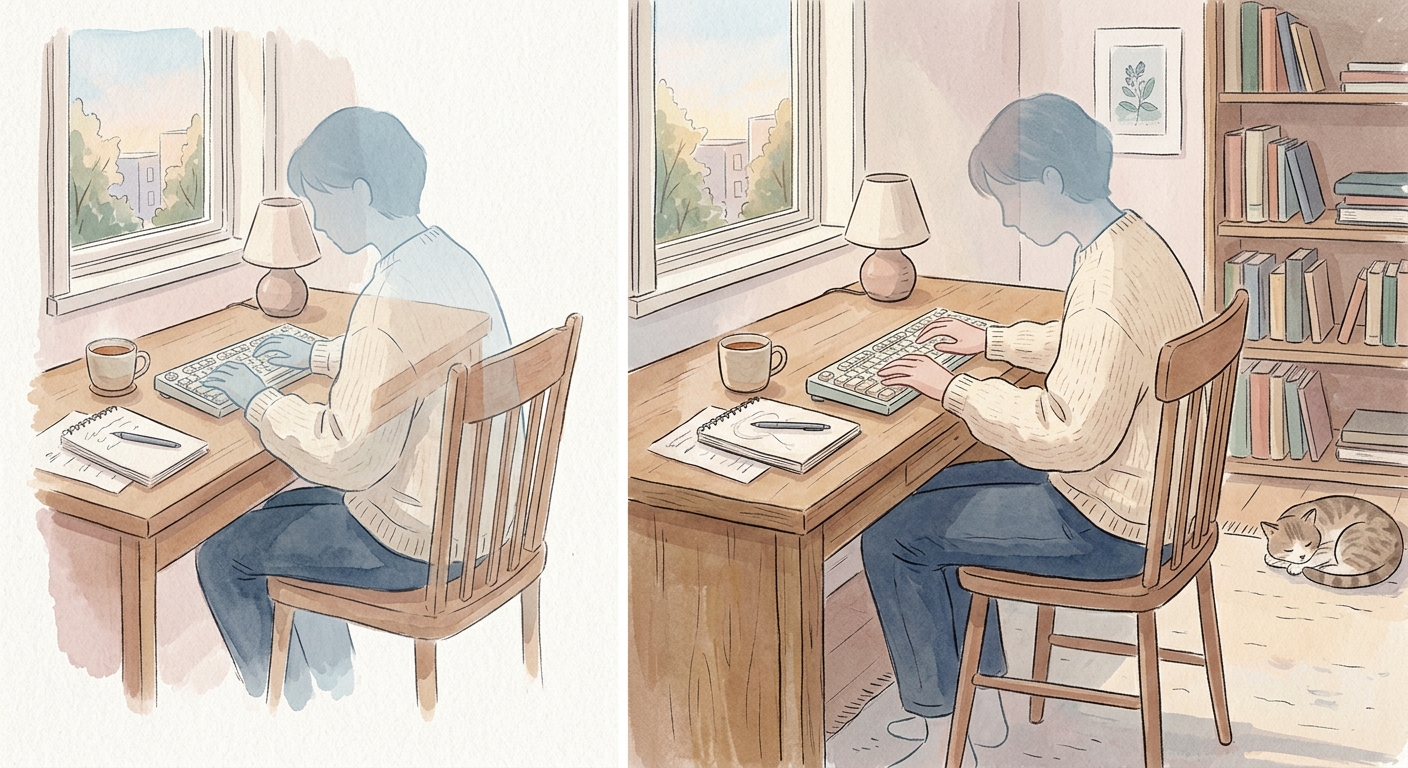 A pair of hands hovering above a keyboard in soft pastel blues and warm cream tones, paused mid-typing, conveying a quiet beat of hesitation.