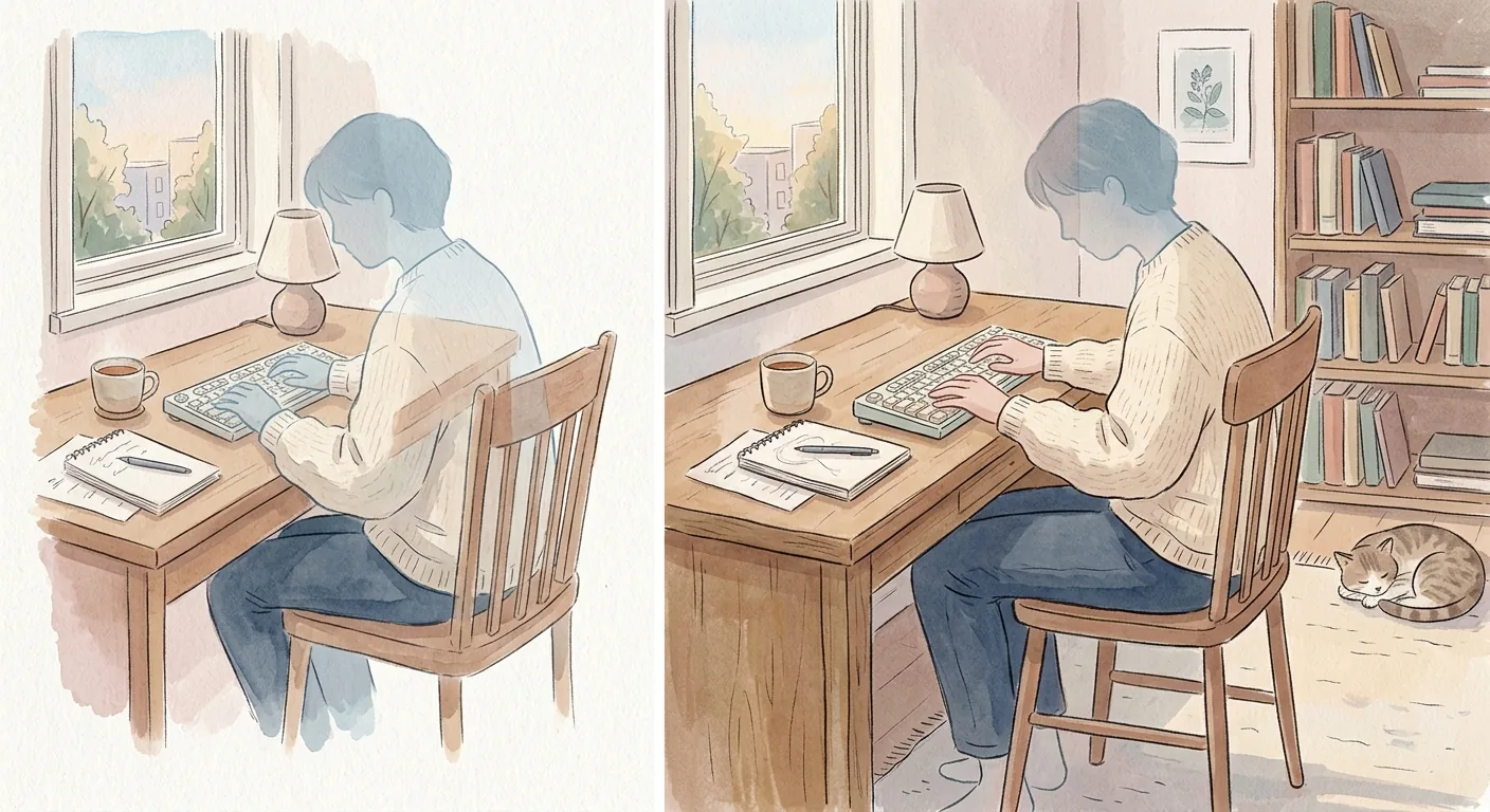 A pair of hands hovering above a keyboard in soft pastel blues and warm cream tones, paused mid-typing, conveying a quiet beat of hesitation.