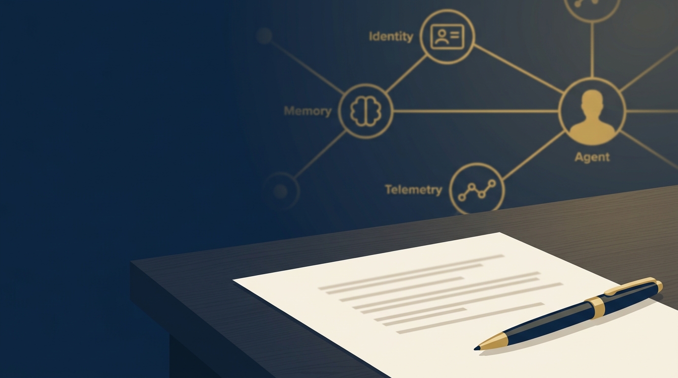 A clean boardroom signing surface with a five-line contract addendum laid over a faint network diagram of agent identity, memory, and telemetry connections, in muted navy and gold.