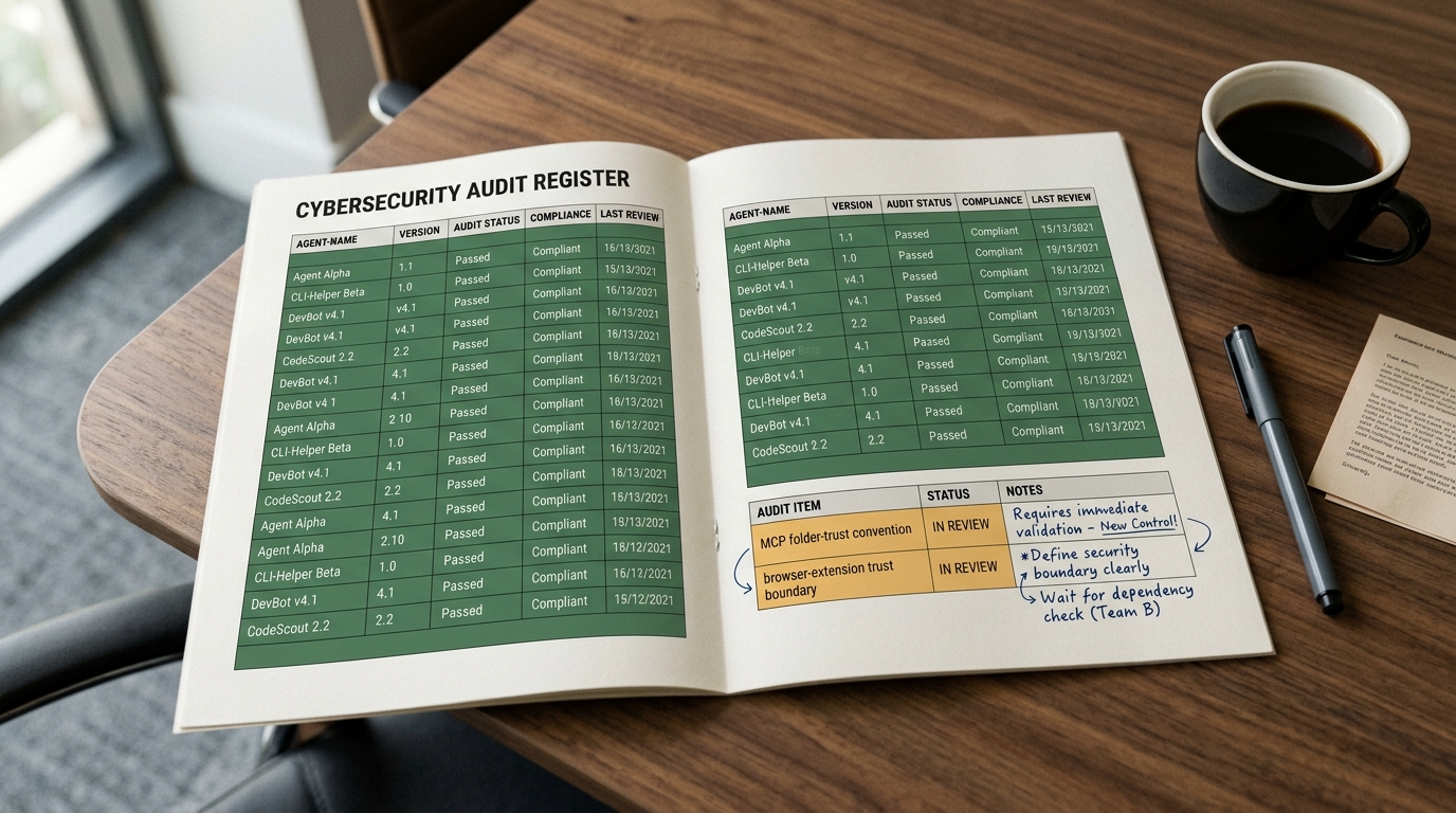 A clean cybersecurity register on a board-meeting table, shown as a printed grid with most rows green, two rows newly added at the bottom labeled MCP folder-trust convention and browser-extension trust boundary, both flagged amber, with a coffee cup and a felt-tip pen resting beside it.