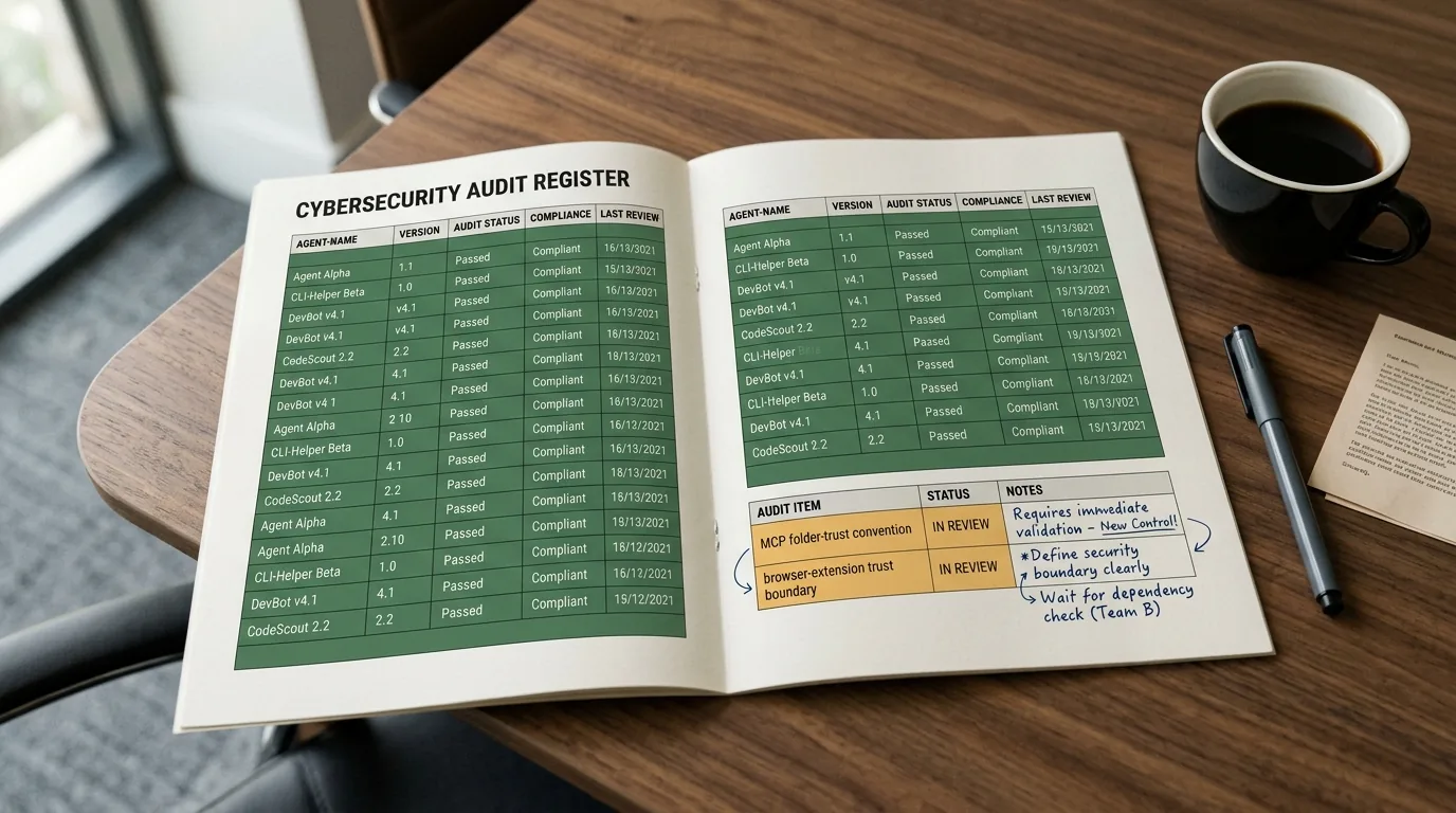 A clean cybersecurity register on a board-meeting table, shown as a printed grid with most rows green, two rows newly added at the bottom labeled MCP folder-trust convention and browser-extension trust boundary, both flagged amber, with a coffee cup and a felt-tip pen resting beside it.