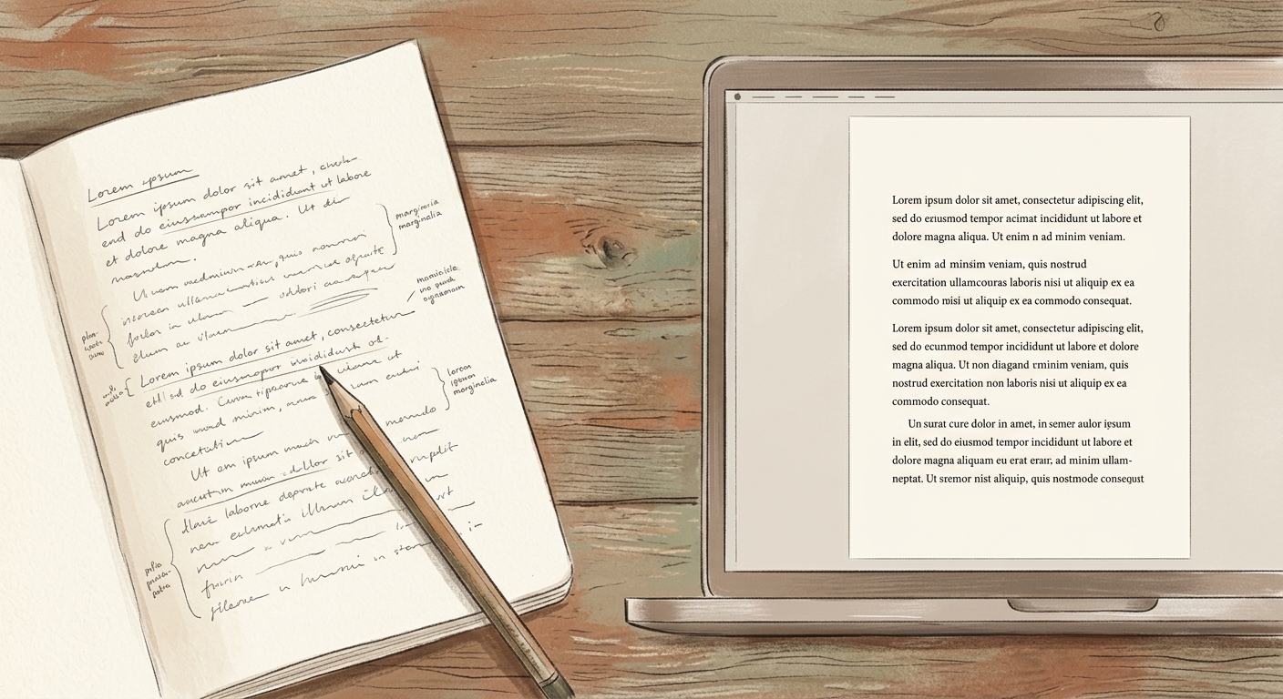 Editorial illustration of a partially-completed pencil sketch on paper alongside a screen showing the same sketch already finished automatically, suggesting craft, effort, and automation side by side.