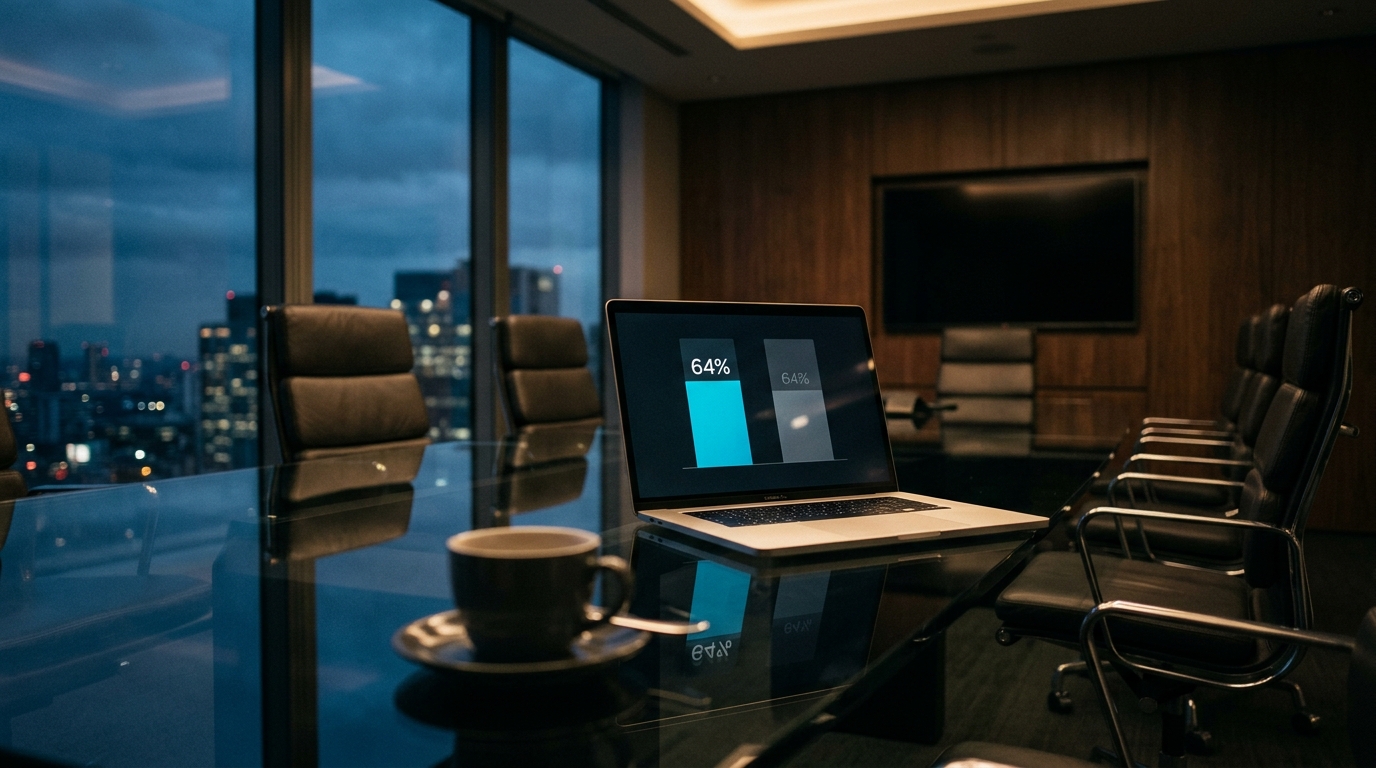 A boardroom slide showing a 64 percent AI productivity bar chart, with a second 64 percent data-gap bar quietly faded next to it, hand on a coffee cup in the foreground.