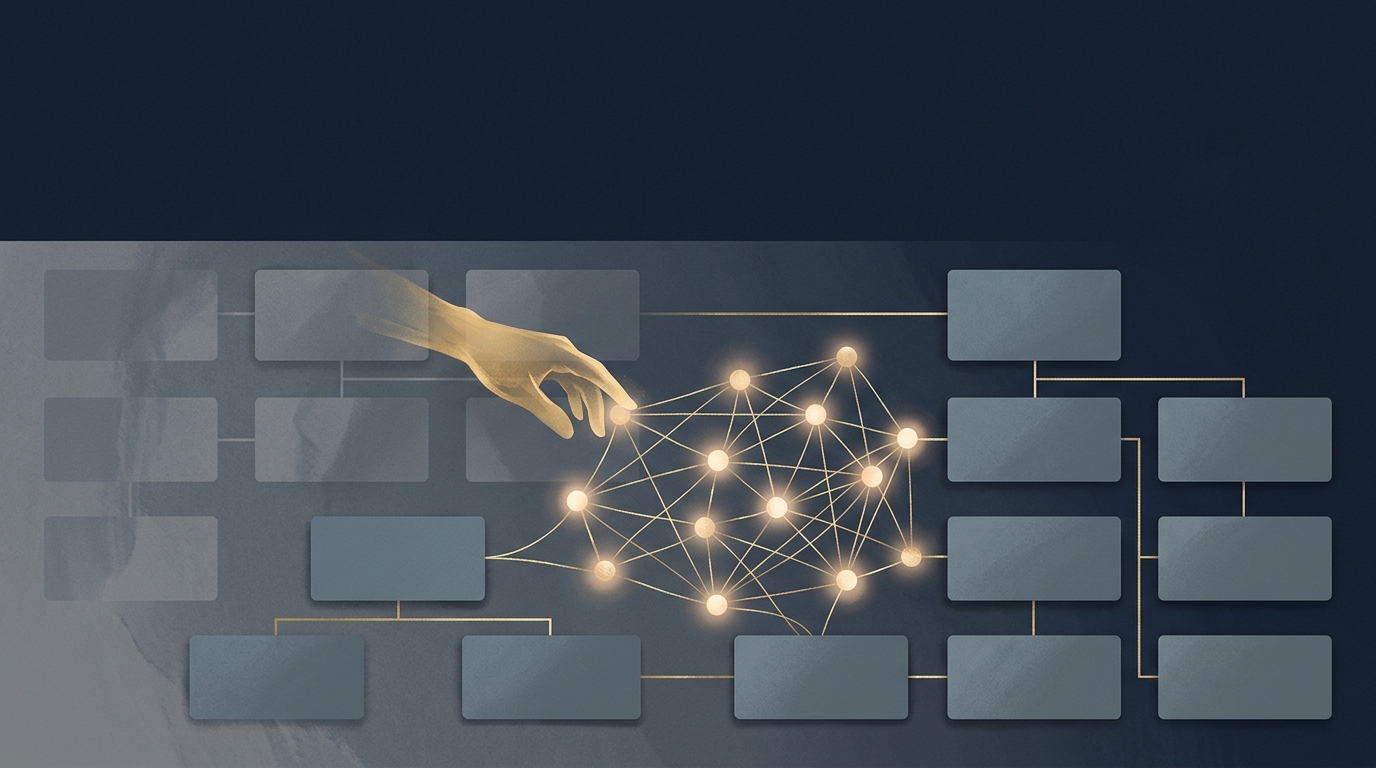 Editorial illustration of a corporate org chart being redrawn with several manager boxes faded and replaced by interconnected AI agent nodes, hinting that the productivity story behind recent layoffs is structural, not magical.