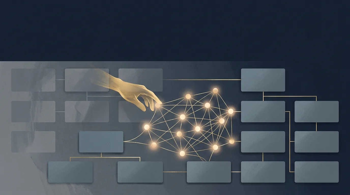 Editorial illustration of a corporate org chart being redrawn with several manager boxes faded and replaced by interconnected AI agent nodes, hinting that the productivity story behind recent layoffs is structural, not magical.