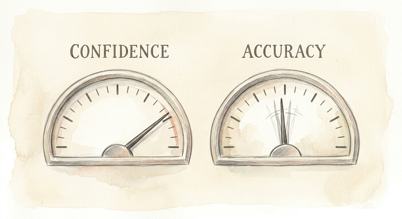 Editorial illustration of two adjacent dials labelled confidence and accuracy, with the confidence dial pinned to the top and the accuracy dial wavering in the middle, suggesting the two needles have come apart.