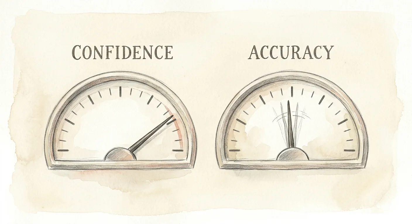 Editorial illustration of two adjacent dials labelled confidence and accuracy, with the confidence dial pinned to the top and the accuracy dial wavering in the middle, suggesting the two needles have come apart.