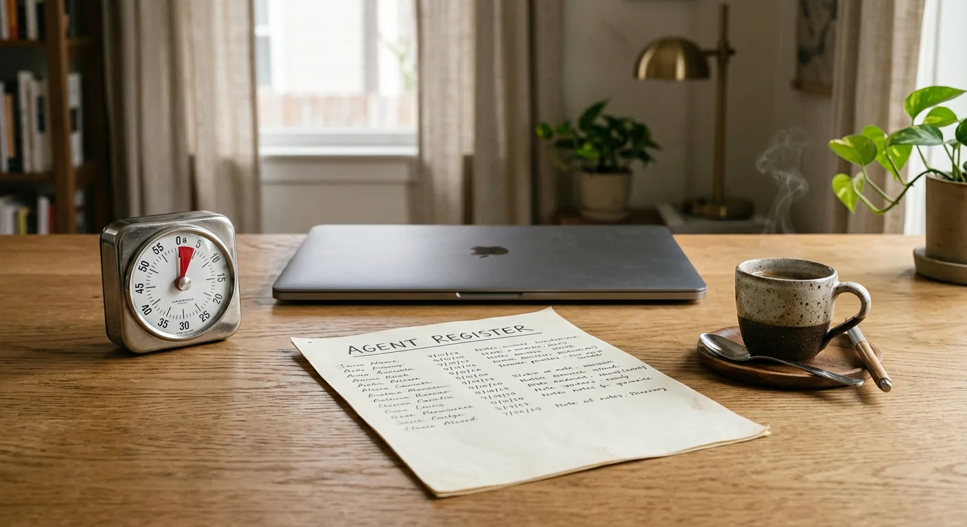 A single-page agent register on a wooden desk next to a steaming espresso and a small countdown timer, late morning light through a window, calm workspace tone.