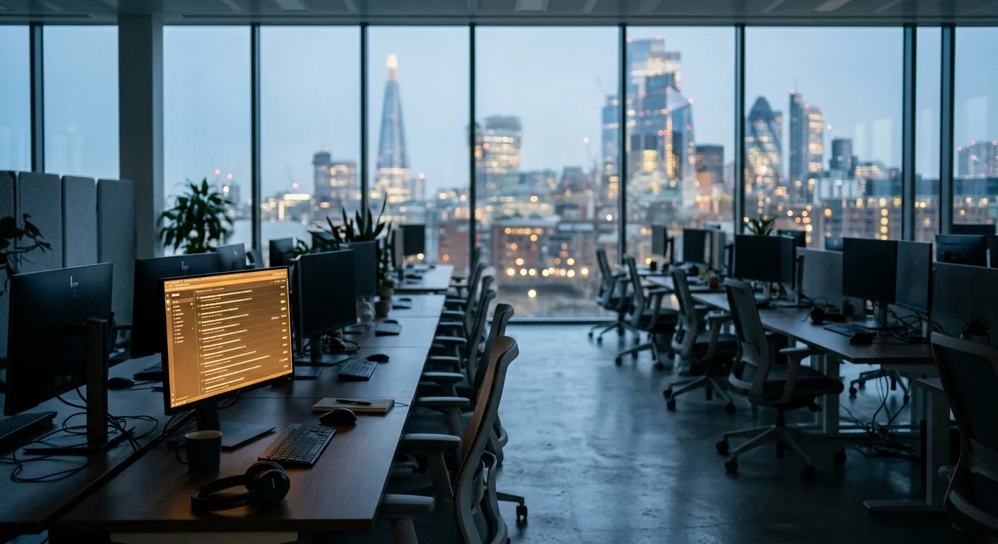 An empty open-plan engineering office at dawn with a single screen showing a long list of overnight pull requests waiting for review.