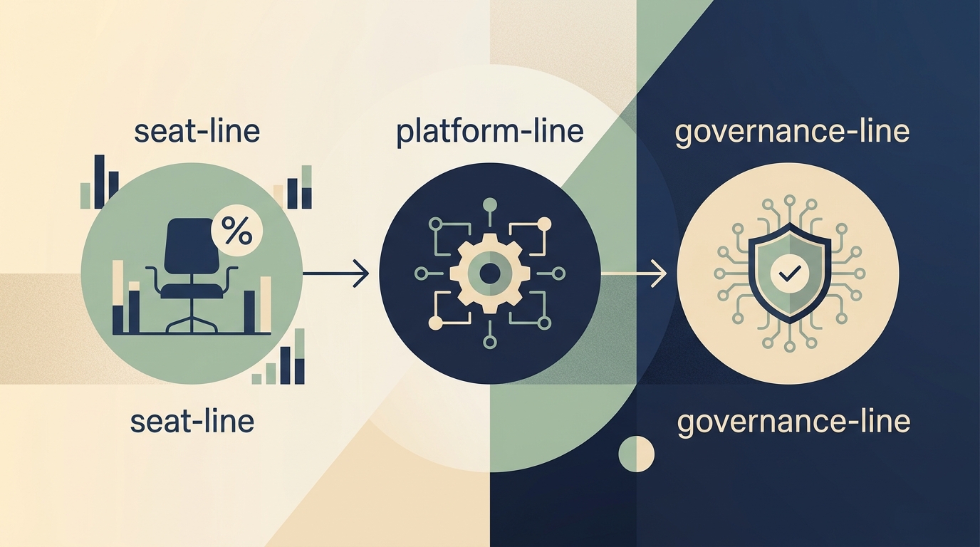 A simple flat-design diagram of three connected nodes, labeled seat-line, platform-line, and governance-line, with arrows showing budget flow shifting from one to the next.