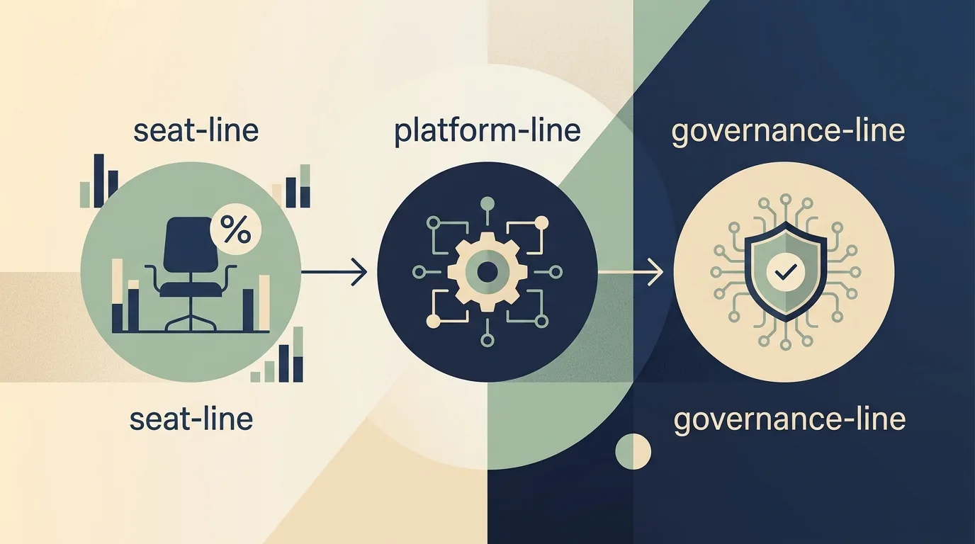 A simple flat-design diagram of three connected nodes, labeled seat-line, platform-line, and governance-line, with arrows showing budget flow shifting from one to the next.