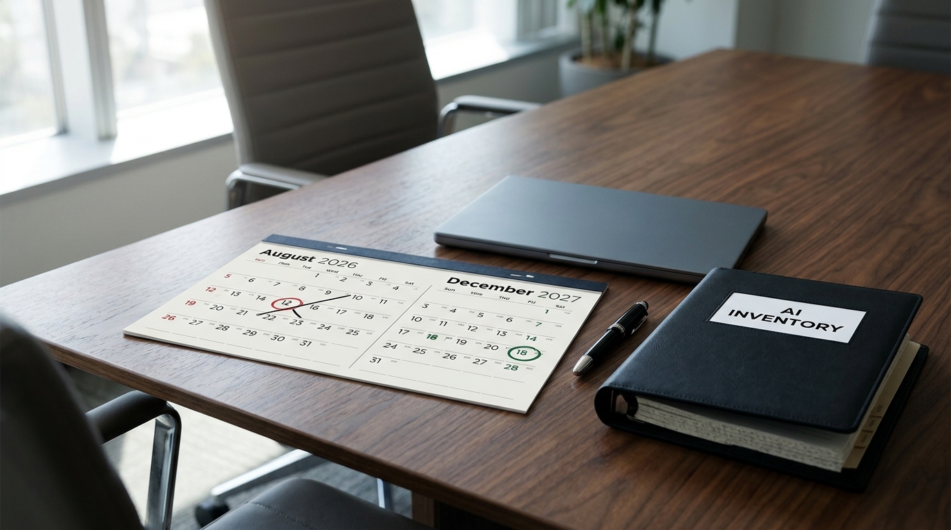 A wall calendar with two dates circled in red, one with a strikethrough, sitting on a polished boardroom table next to a closed laptop and an open binder labeled AI Inventory.