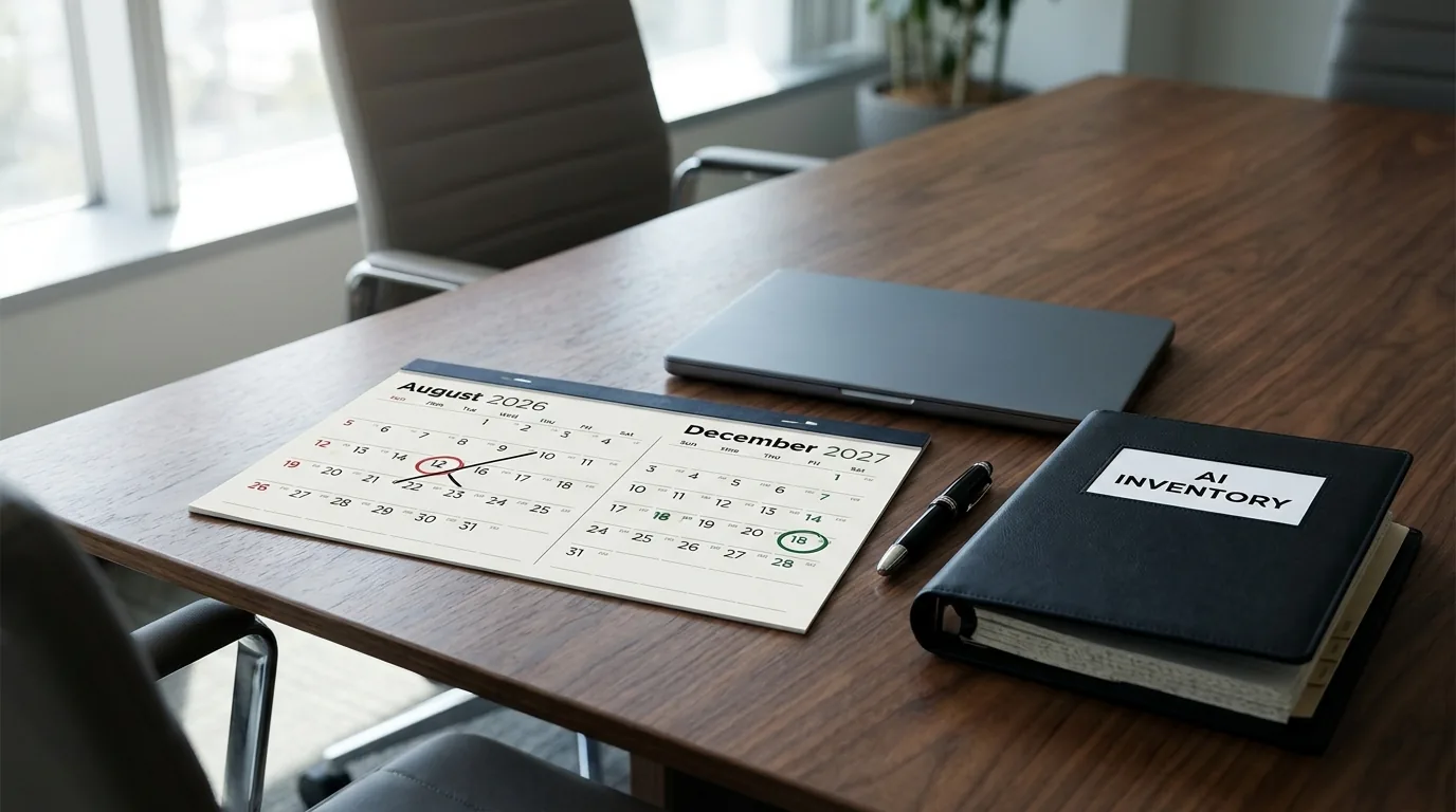 A wall calendar with two dates circled in red, one with a strikethrough, sitting on a polished boardroom table next to a closed laptop and an open binder labeled AI Inventory.