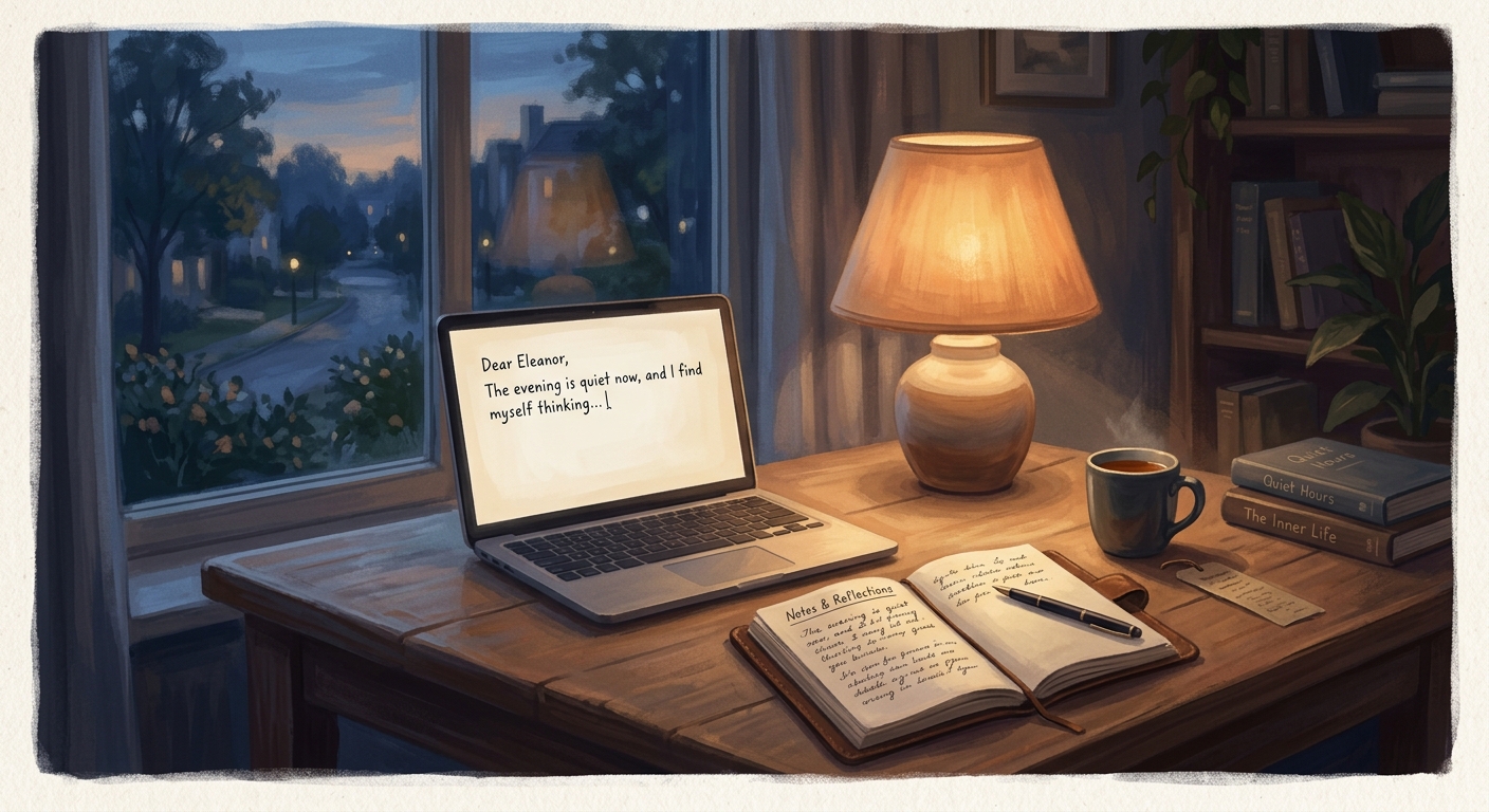 A quiet desk at dusk with a laptop open to a half-written message, a notebook beside it, and a warm lamp casting soft light across the page.