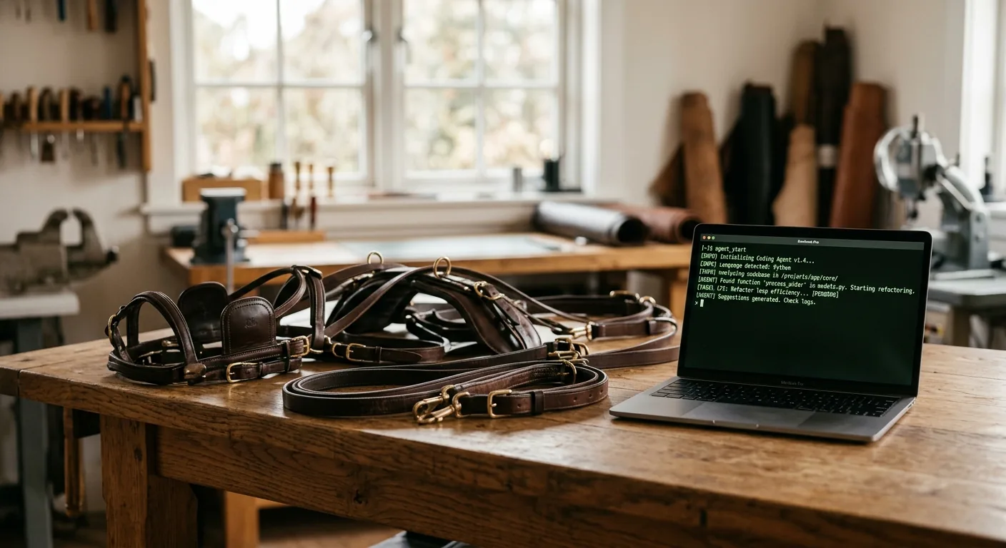 A horse harness laid neatly across a workbench beside an open laptop running a terminal coding agent session, soft natural light, calm composition.