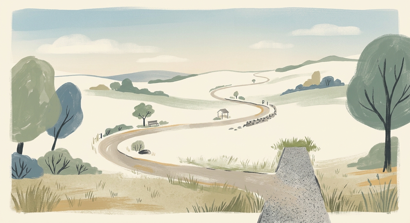Editorial illustration of two diverging paths in a soft, muted landscape: one short and straight, one winding with small stopping points along the way, in calm cream and sage tones.